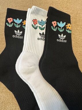 Addidas Floral Crew Socks – Black & White with Multicolor Flowers
